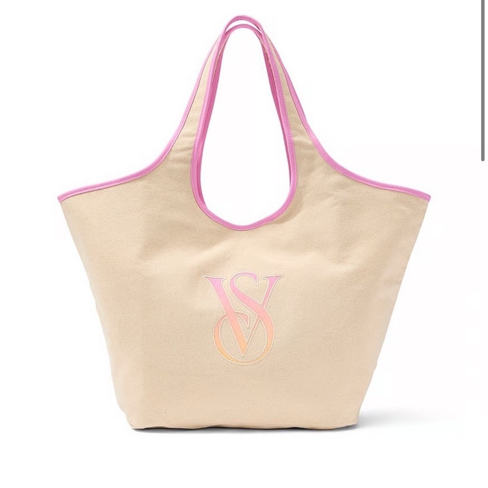 Victoria's Secret Beige Canvas Tote with Pink Trim and Logo
